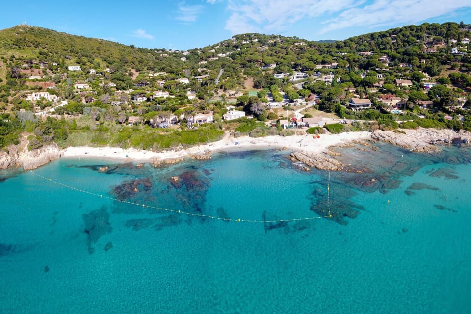 Aerial view on beach Escalet with crystal clear blue water near Ramatuelle
