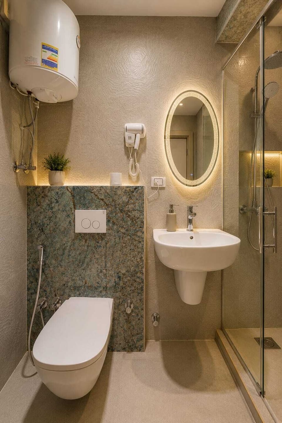 Separate tub and shower, hair dryer, slippers, bidet