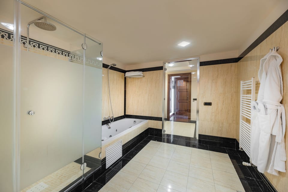 Separate tub and shower, hair dryer, bathrobes, slippers