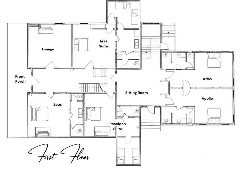 First floor of The Athenian. Sitting Room and Lounge are common spaces for all guests.