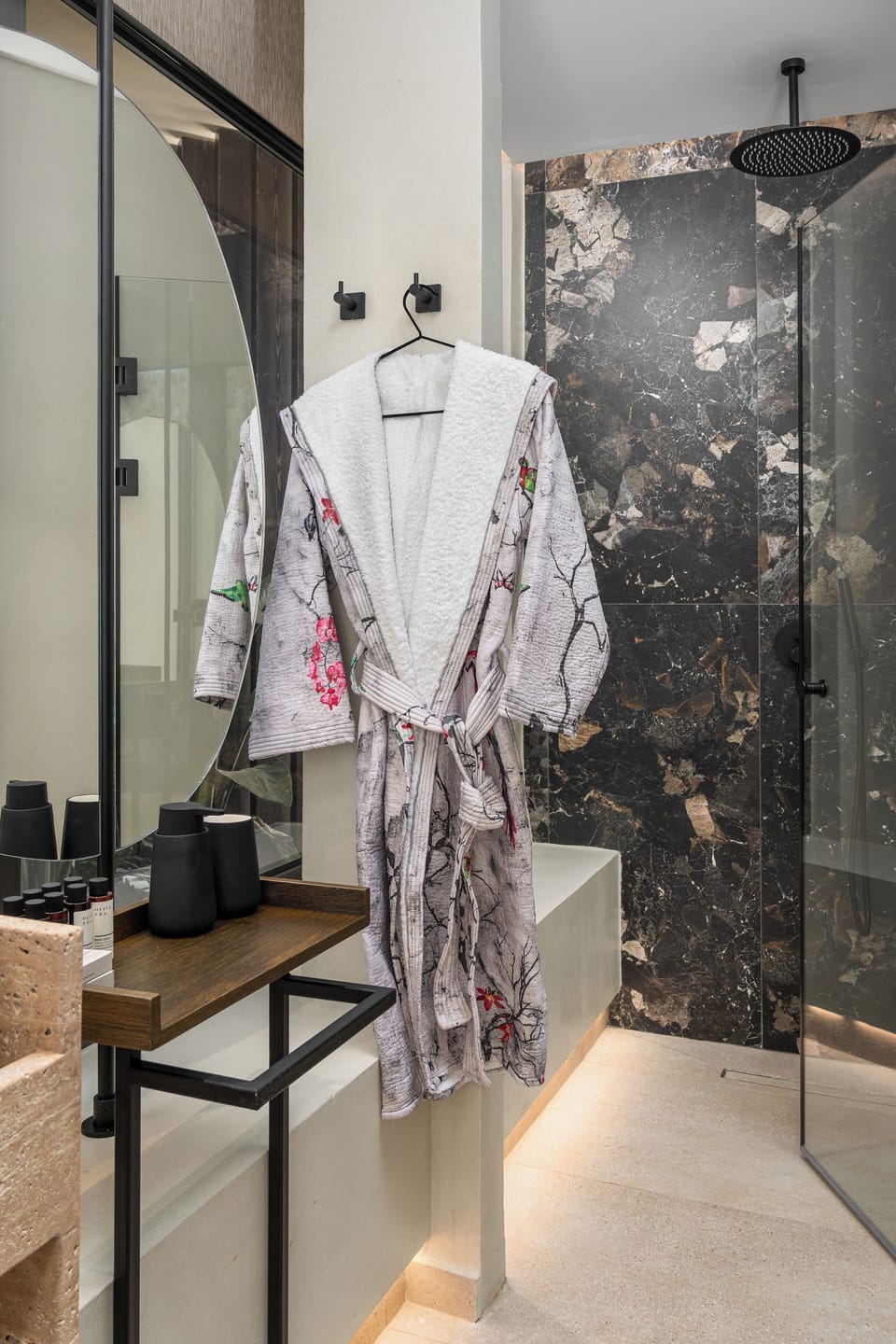 Shower, rainfall showerhead, hair dryer, slippers