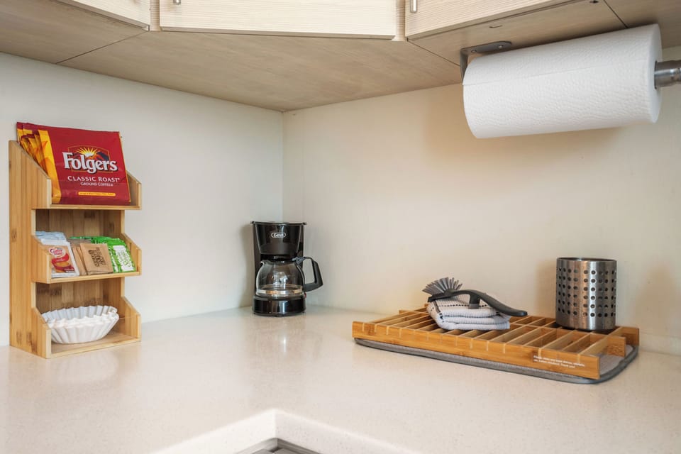 Coffee and bamboo dish rack.