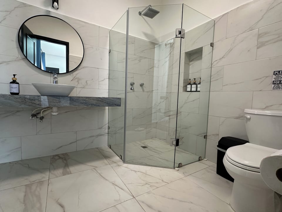 Shower, rainfall showerhead, towels, soap