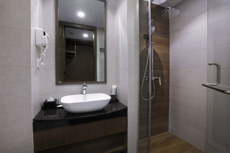 Deluxe | Bathroom | Shower, rainfall showerhead, free toiletries, hair dryer
