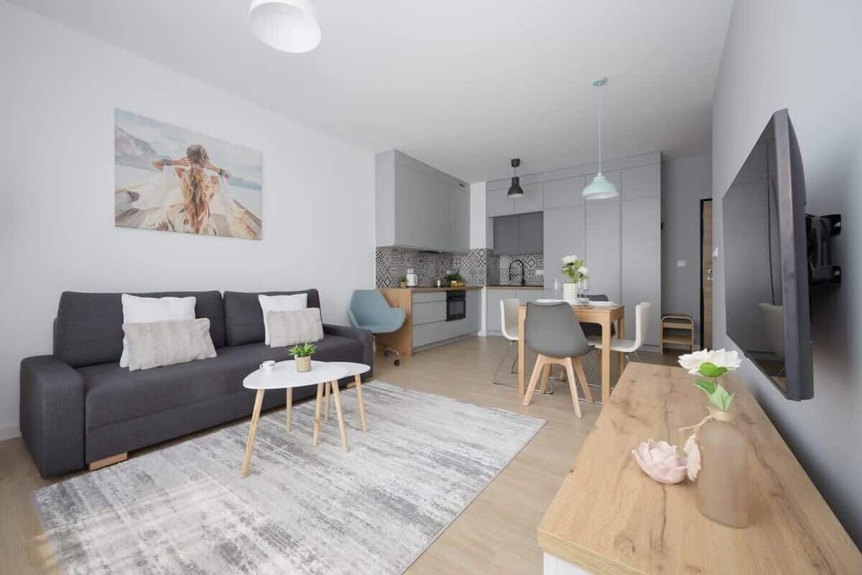 Living Room with Kitchenette – Open-plan space featuring a comfy seating area and modern kitchen in the background.