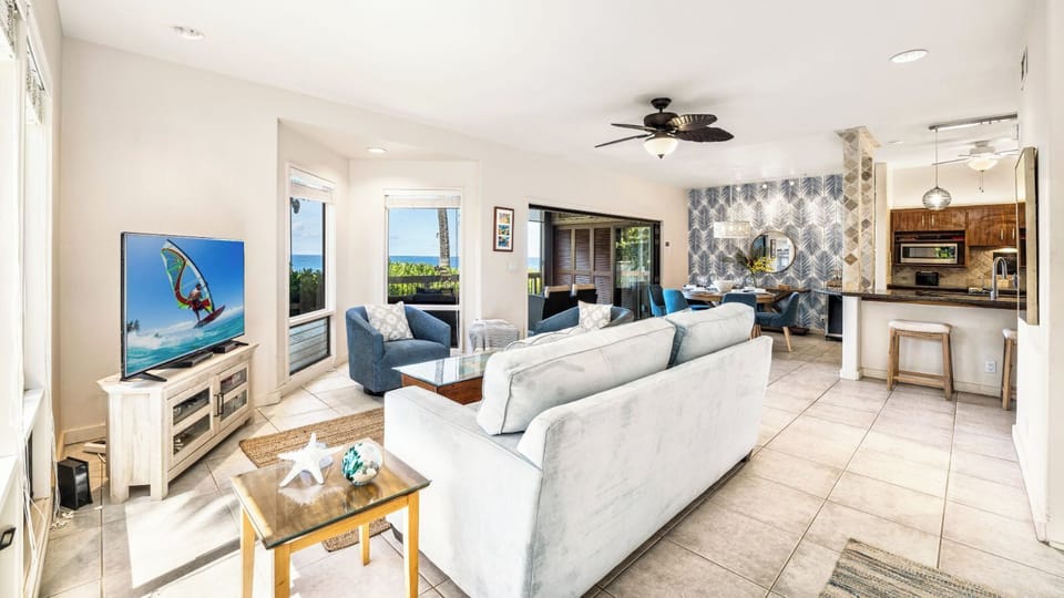 Condo, Multiple Beds, Lanai, Ocean View (Kanaloa at Keauhou 2301 - vrKCV) | Living area | 42-inch flat-screen TV with cable channels