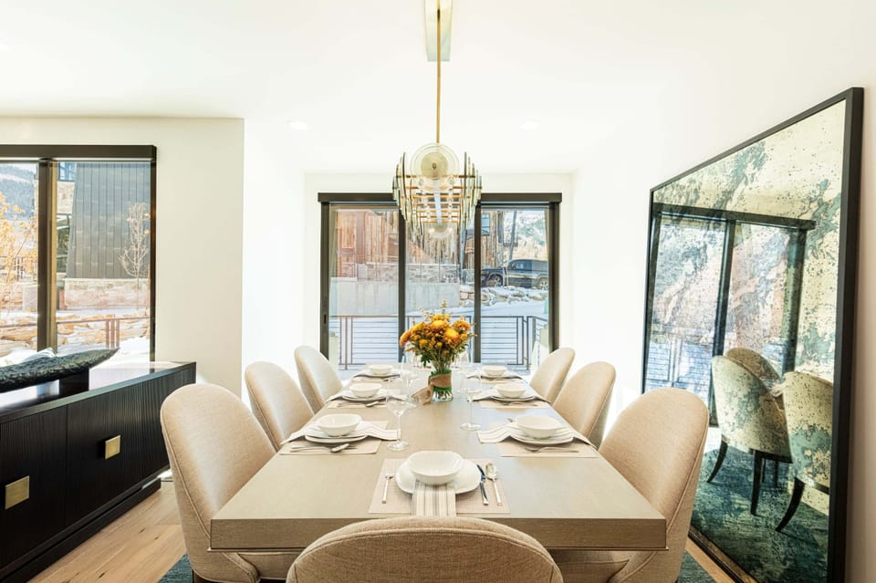 Wood dining table and cushion chairs