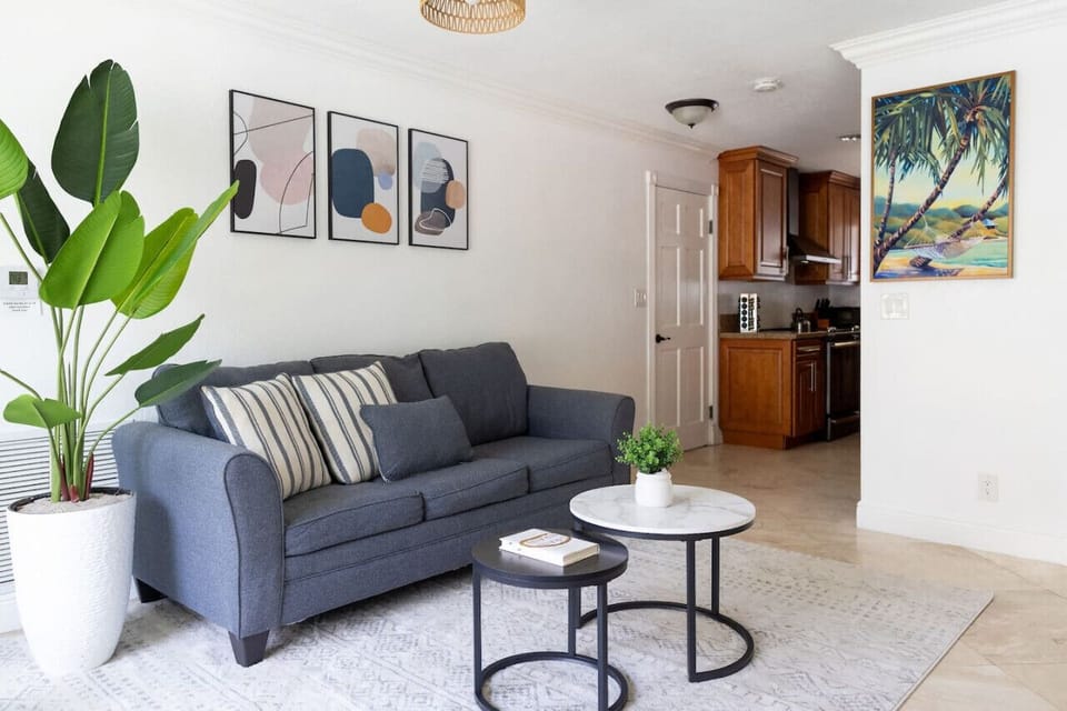 sleeper sofa and view to the kitchen