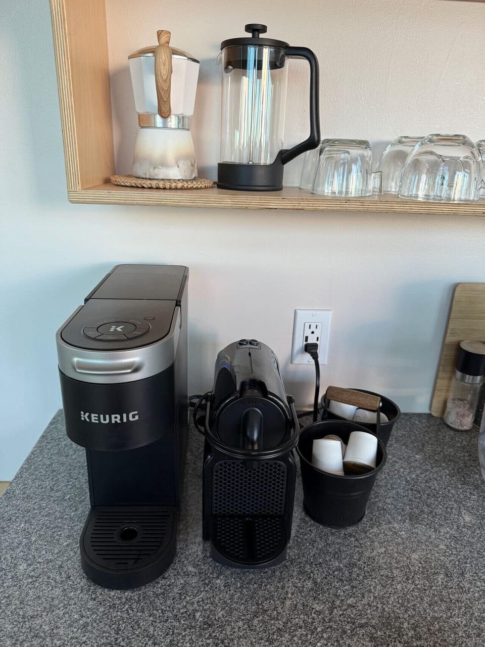 Options for coffee lovers: Keurig & Nespresso machines (pods provided), plus a Bialetti and French Press (bring your favorite ground coffee to use these).