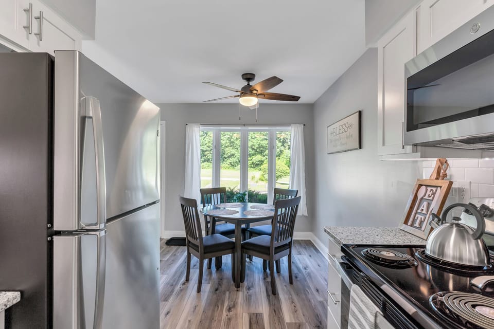 View from kitchen to dining area.