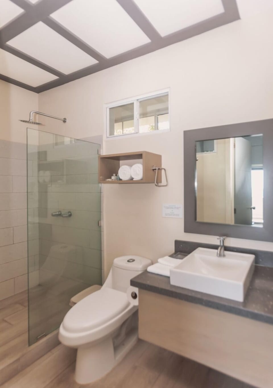 Shower, towels, soap, shampoo