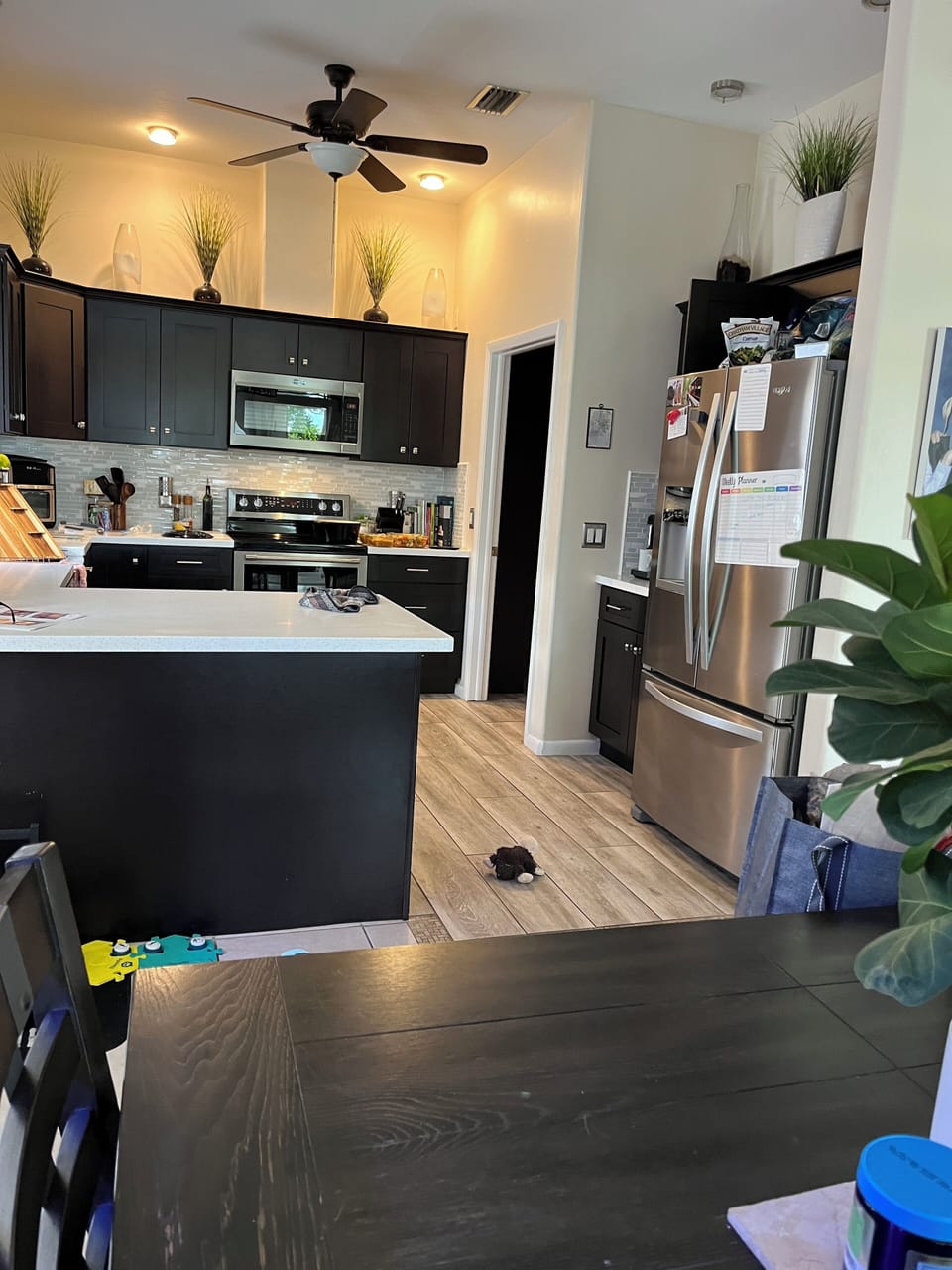 stainless frig, microwave, oven, and dishwasher