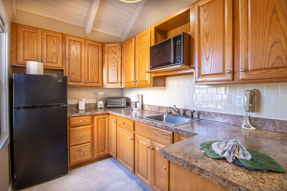 Partial kitchen includes refrigerator, microwave and toaster oven
