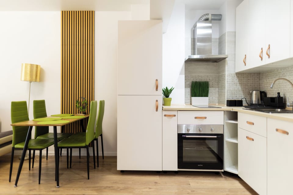 Full-size fridge, microwave, oven, coffee grinder