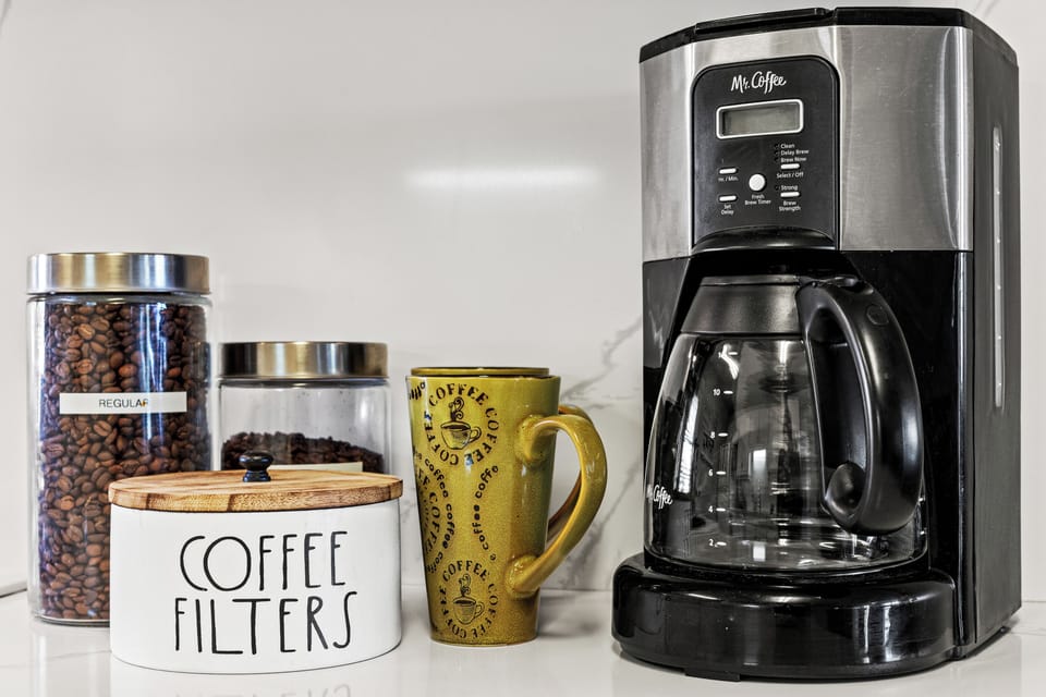 Featuring an air fryer, coffee bar with regular and decaf coffee