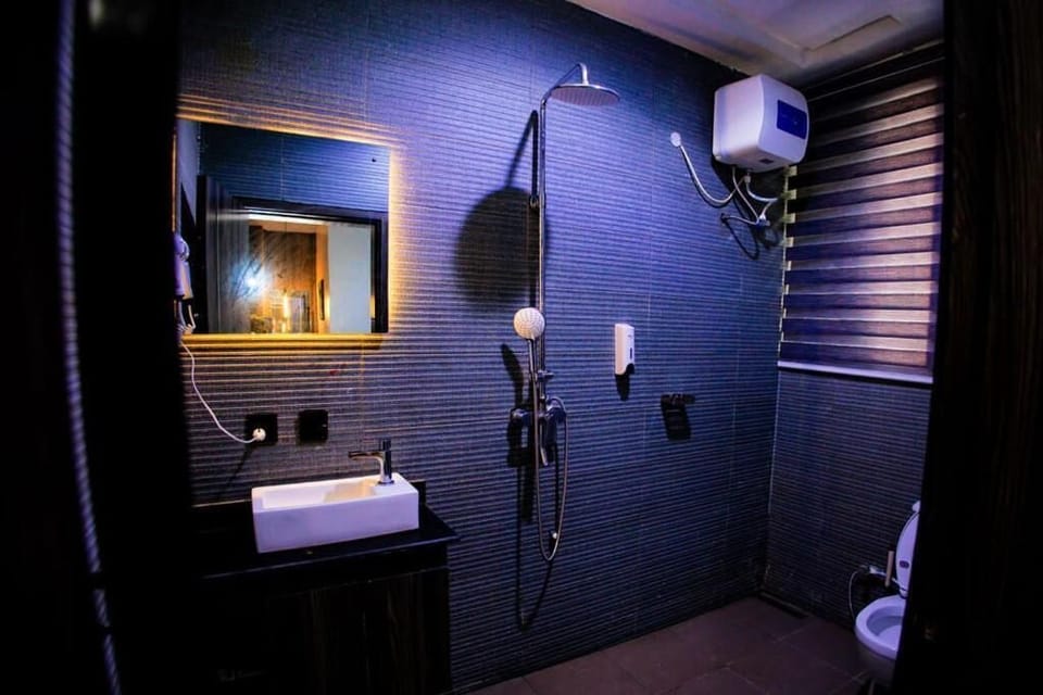 Combined shower/tub, hair dryer, towels, soap