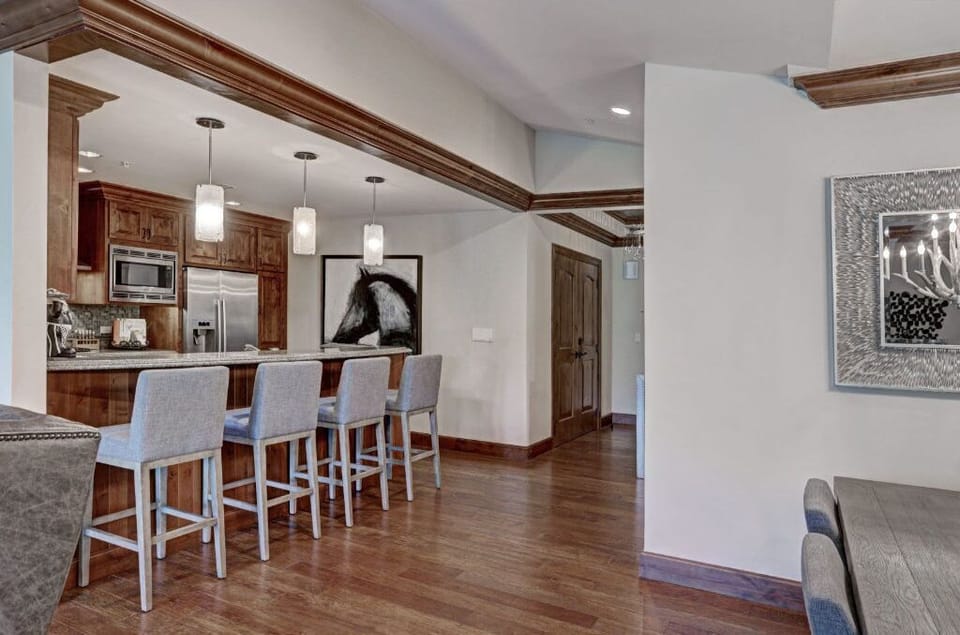 Dining area with ample seating and stylish decor.