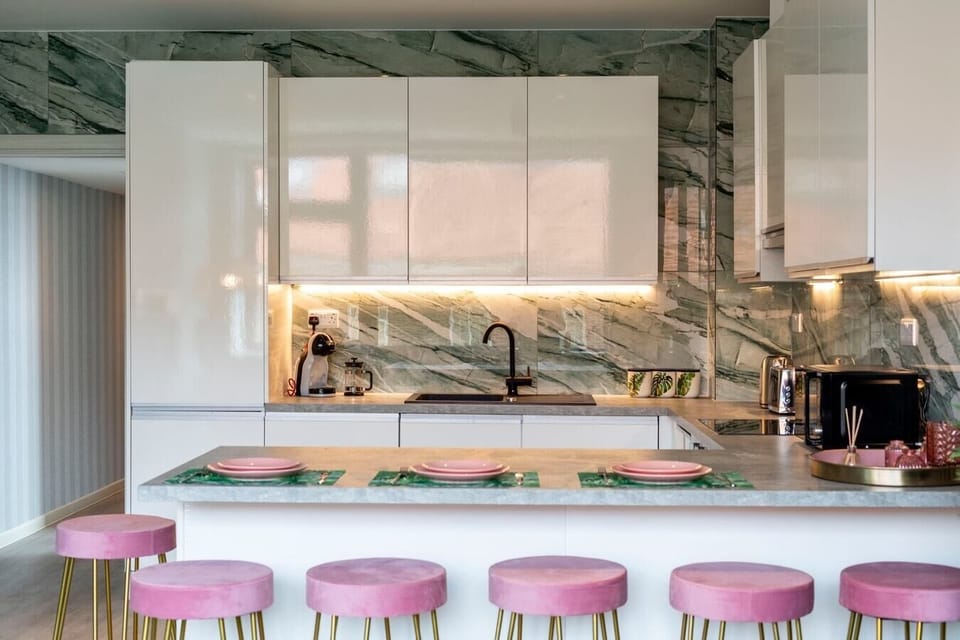 Integrated living and kitchen spaces in an open layout.