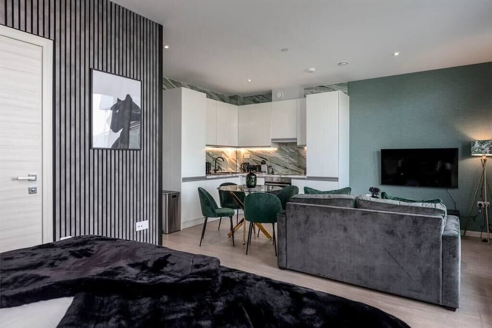 Integrated living, bedroom, and kitchen spaces in an open layout.
