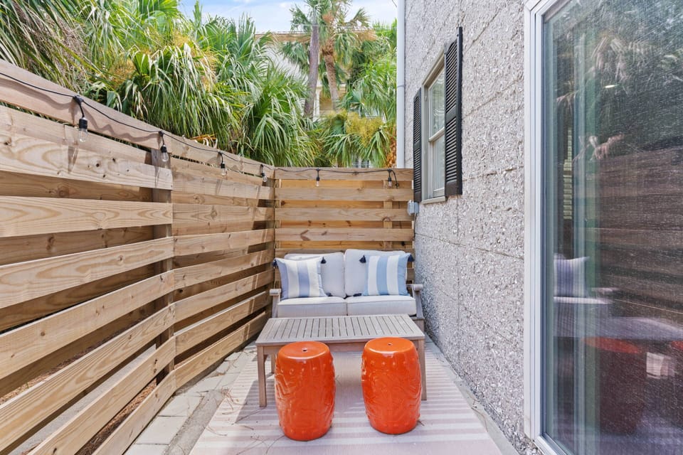 A perfect spot for your morning coffee or evening cocktail with fun party lights!