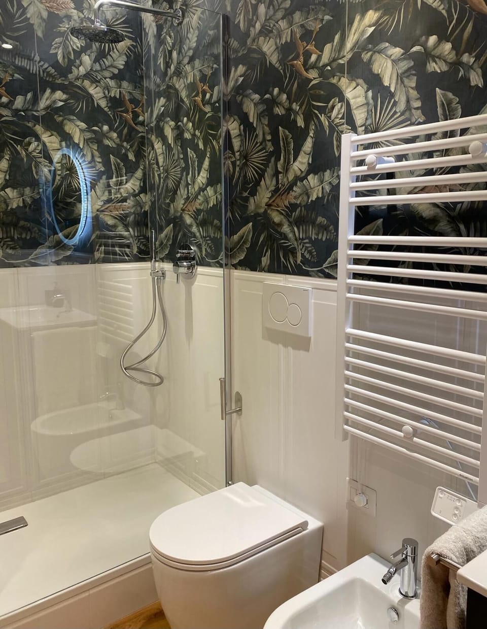 Shower, rainfall showerhead, bidet, towels