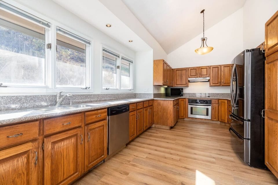 Kitchen view with plenty of cabinets