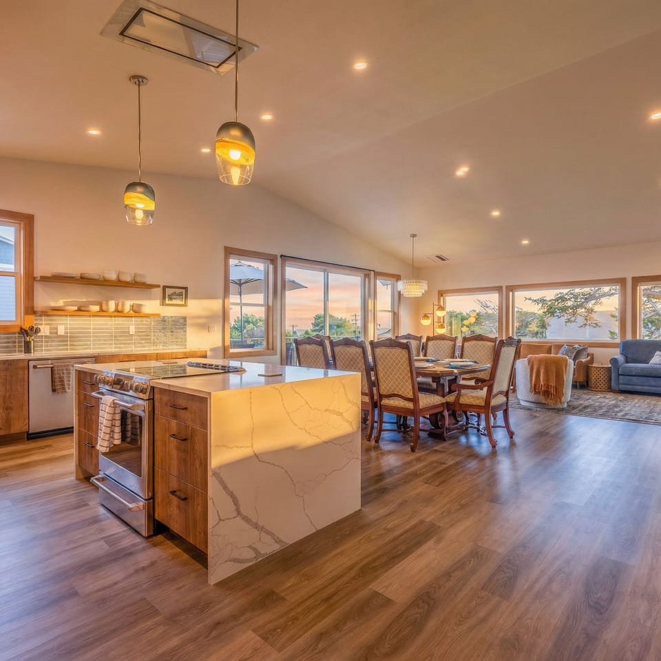 Open Concept Living Area: Enjoy sunsets from stylish seating in this elegant, spacious setting!