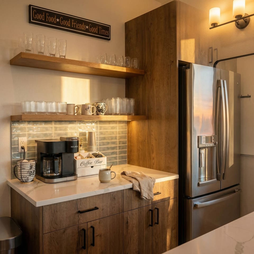 Kitchen: Enjoy morning brews at the stylish coffee bar, where culinary adventures await!