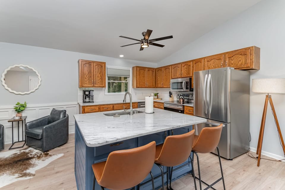 The large kitchen island is the perfect place