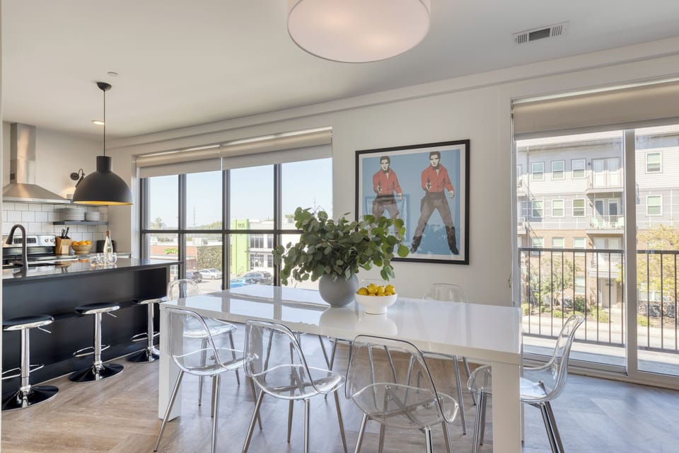 Elegant dining area offering outdoor views.