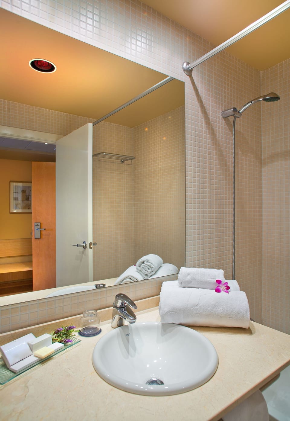 Combined shower/tub, free toiletries, hair dryer, bidet