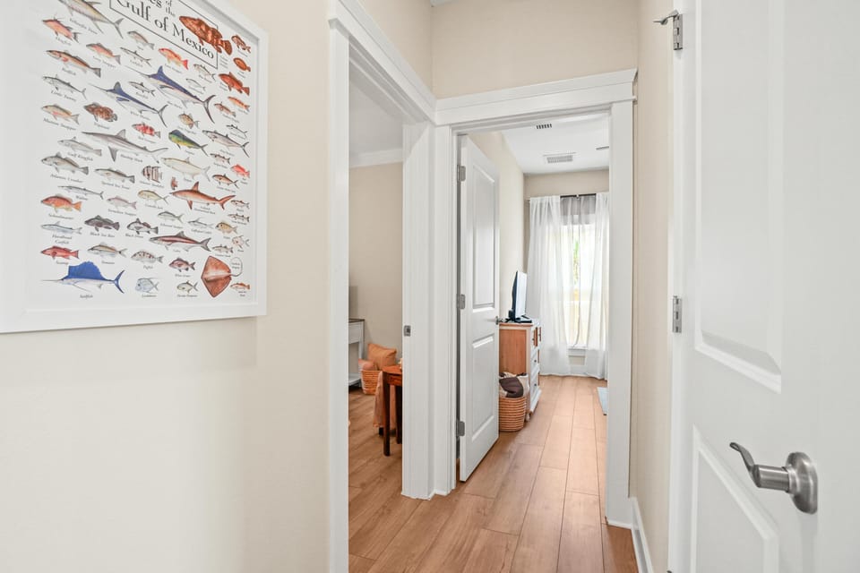 Master bed to the right and Bunk bed room straight down hall.