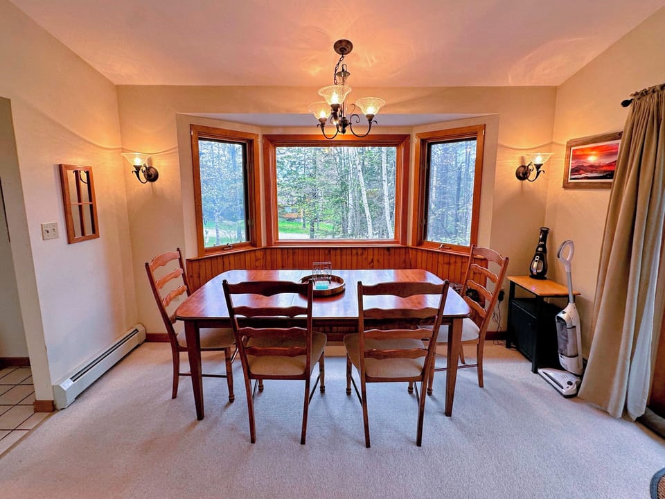 Dining area with forest views.