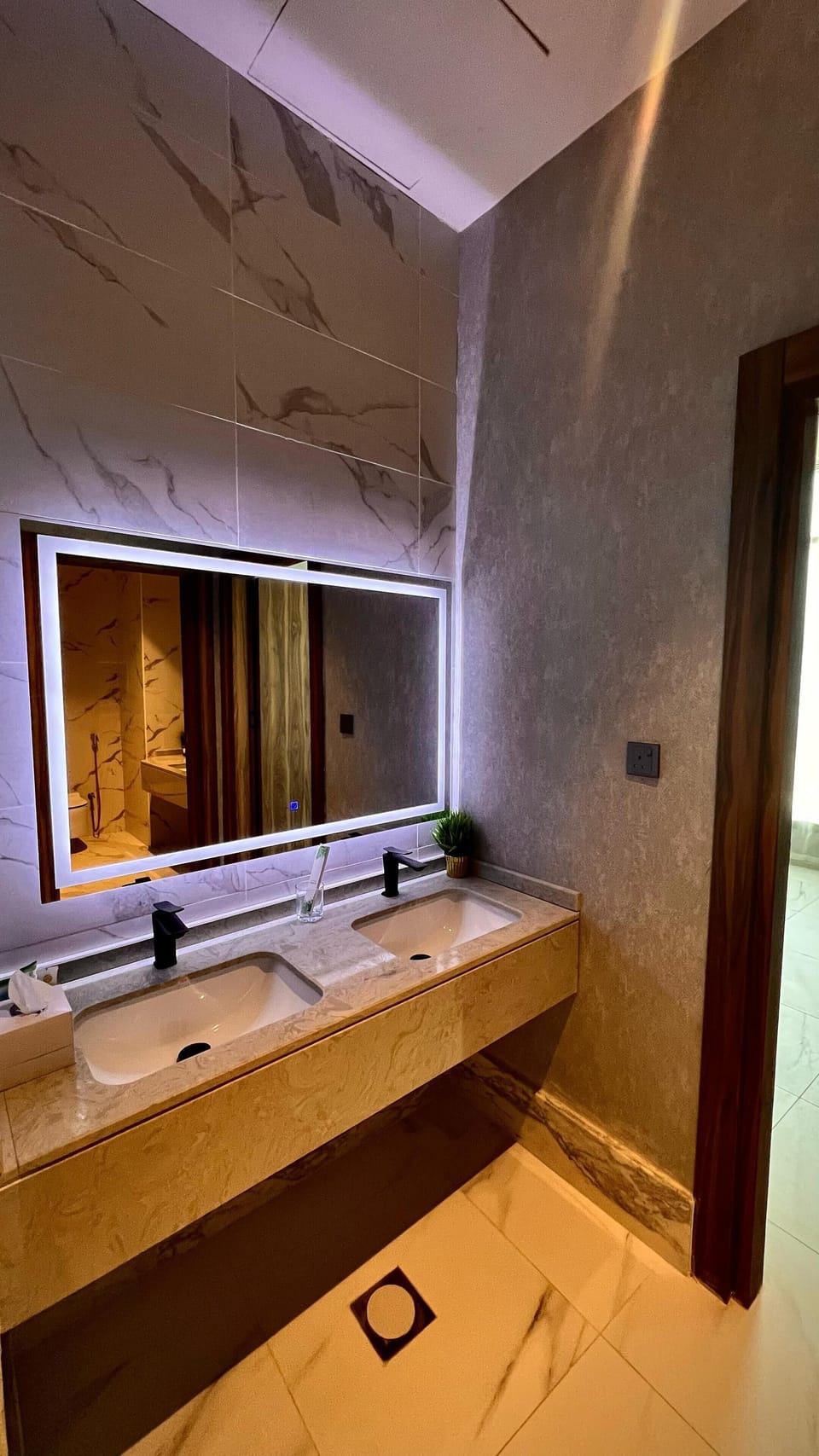 Separate tub and shower, hair dryer, towels, soap