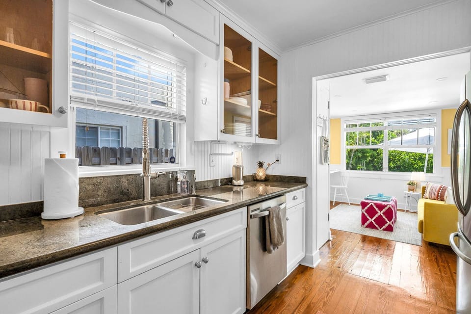 Fully stocked with everything you need, including a gas-range stove, oven, blender, service for 12, coffee maker, and more for culinary enthusiasts.