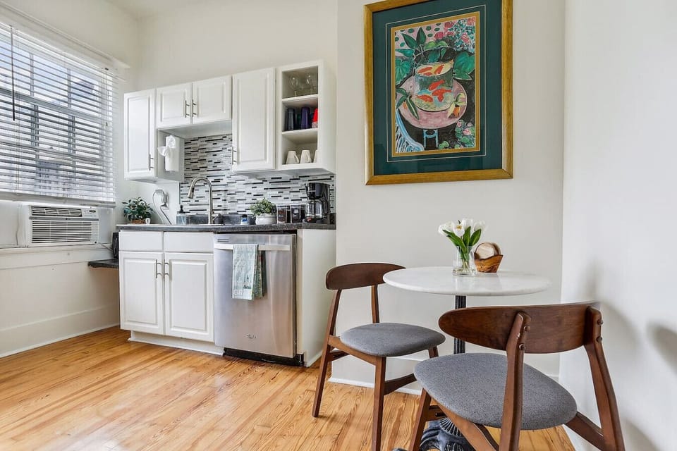 Share stories and meals in this sunlit corner
