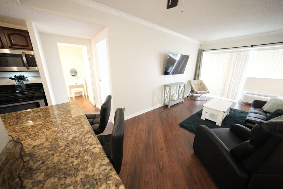 Living room. Full size sleeper sofa. 55” smart TV.