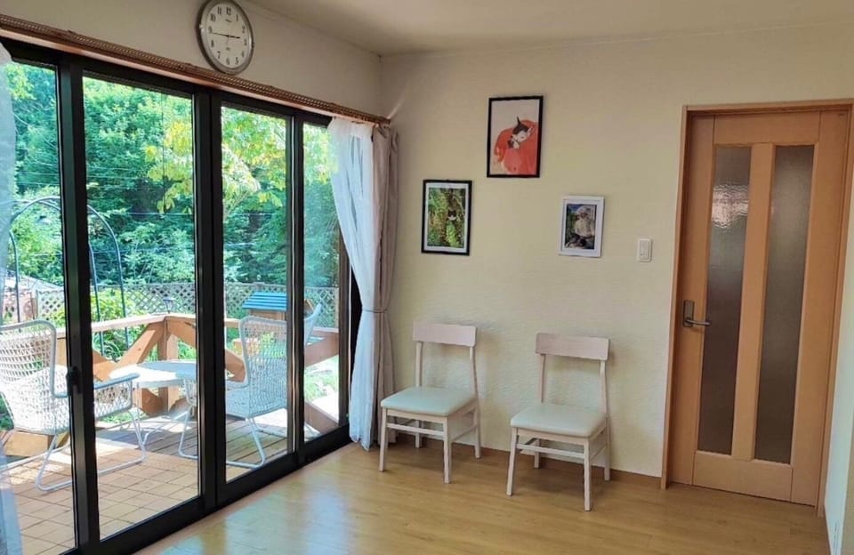 View of the garden from the living room in the morning