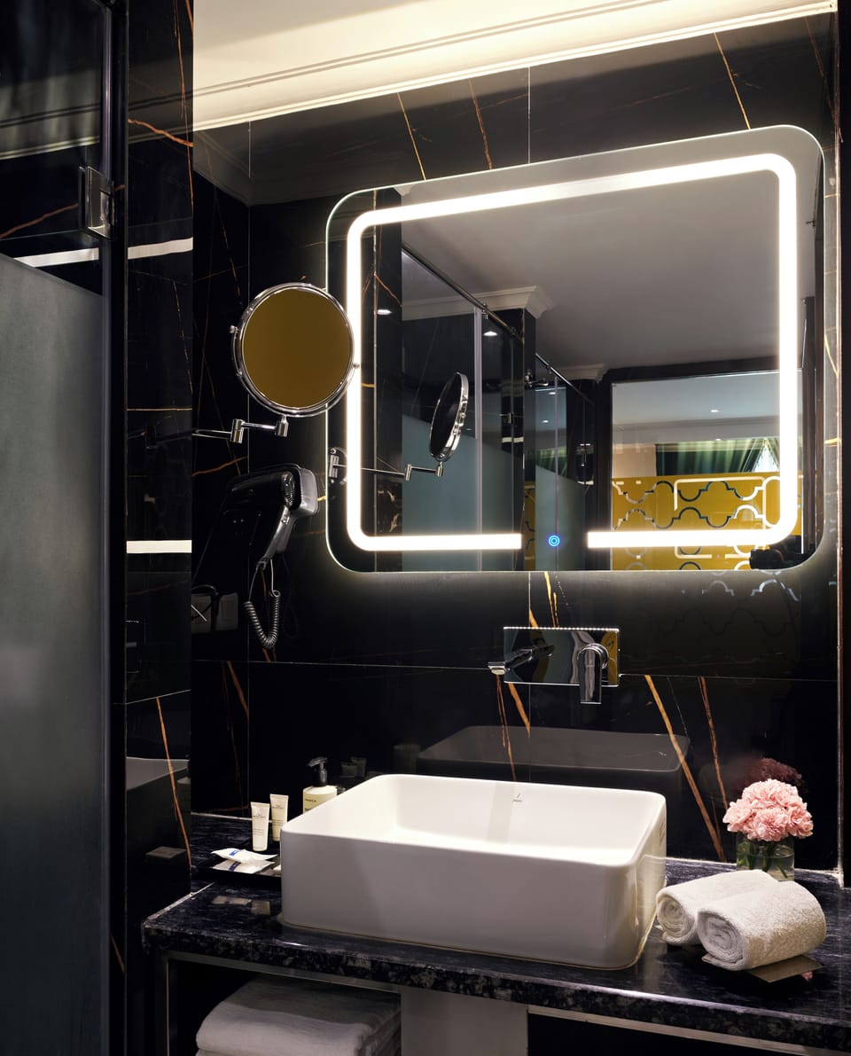 Shower, rainfall showerhead, hair dryer, slippers