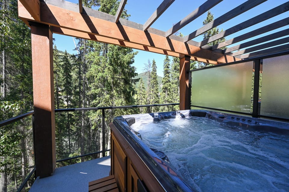 Saltwater hot tub with a view for relaxing after a day in the mountains.