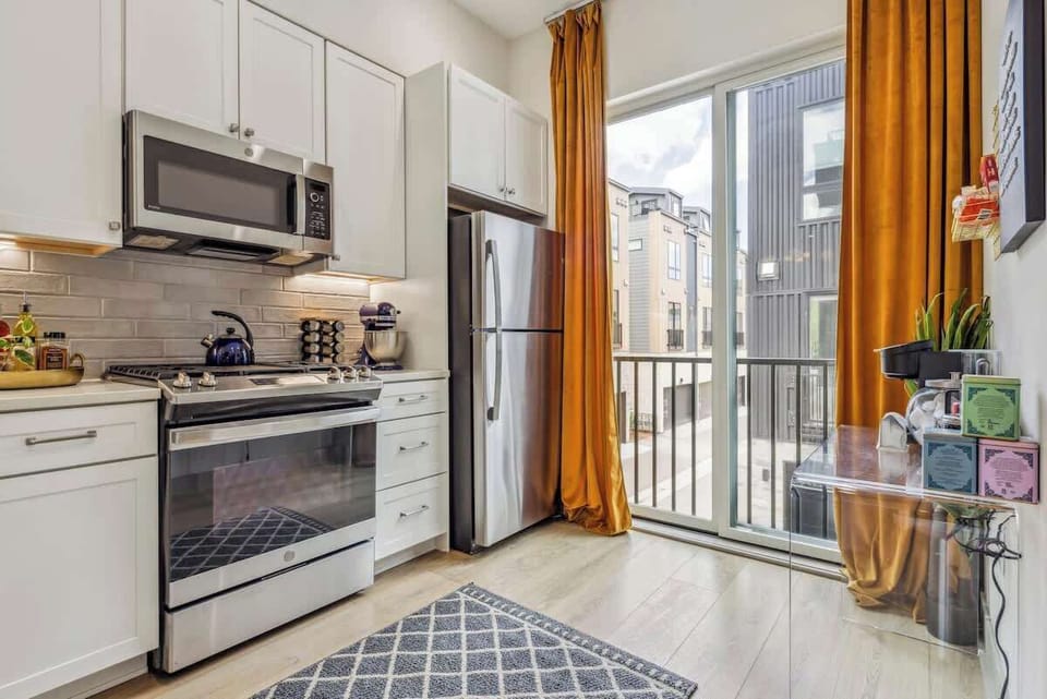 Kitchen with all stainless steel appliances