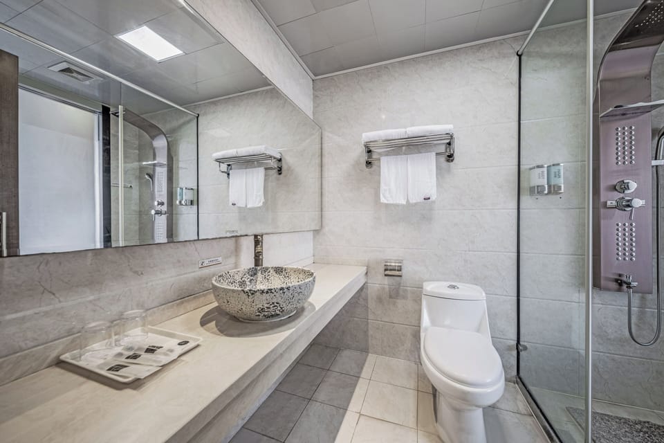 Shower, hydromassage showerhead, free toiletries, hair dryer