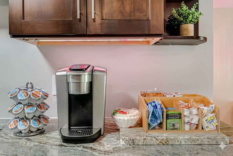 Coffee maker with pods for easy coffee and hot cocoa anytime.
