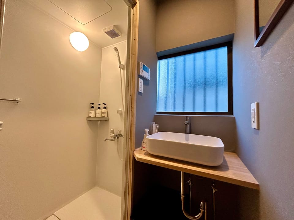 Hair dryer, towels, soap, shampoo