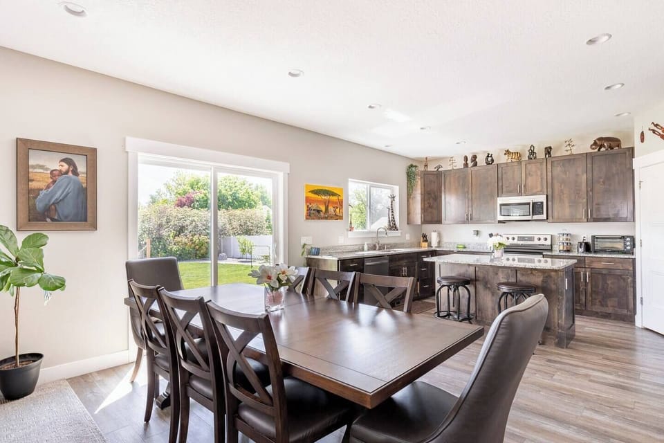 The dining room with a large table that seats 8, or you can add a leaf to seat 12.