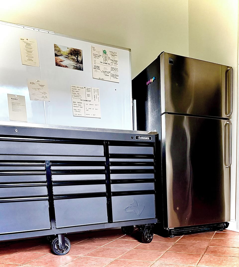 Full-size stainless steel refrigerator with built-in ice maker—plenty of space f