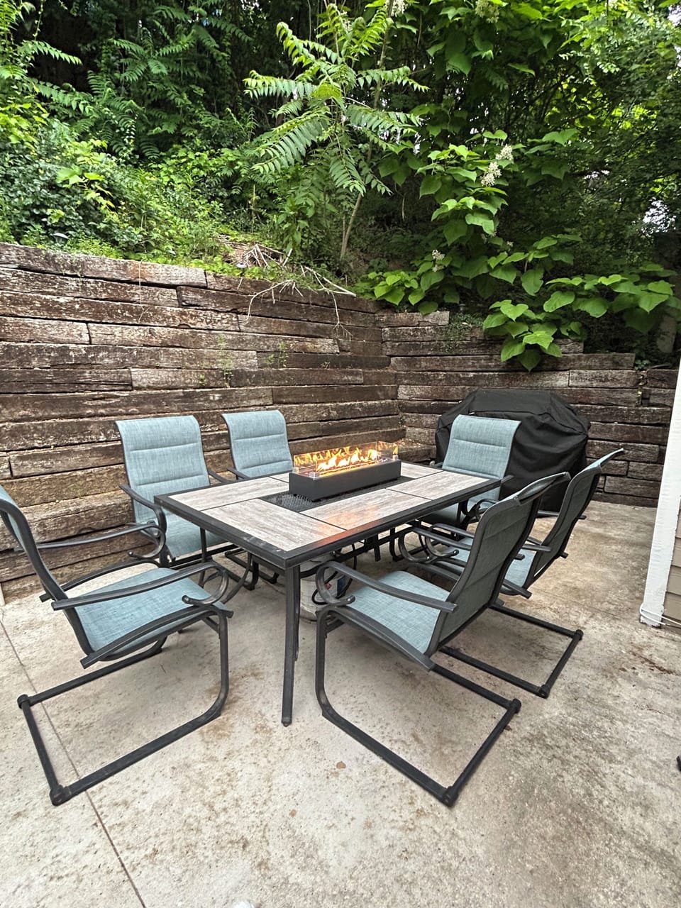 Back Patio - dining table with tabletop firepit 