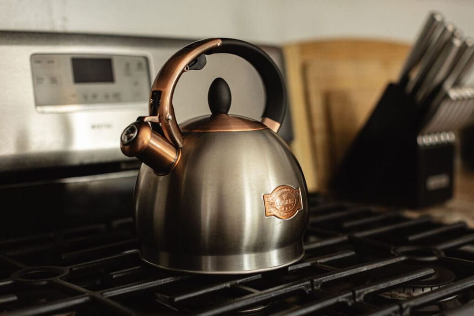 Stainless steel kettle for late night ramen or afternoon tea.