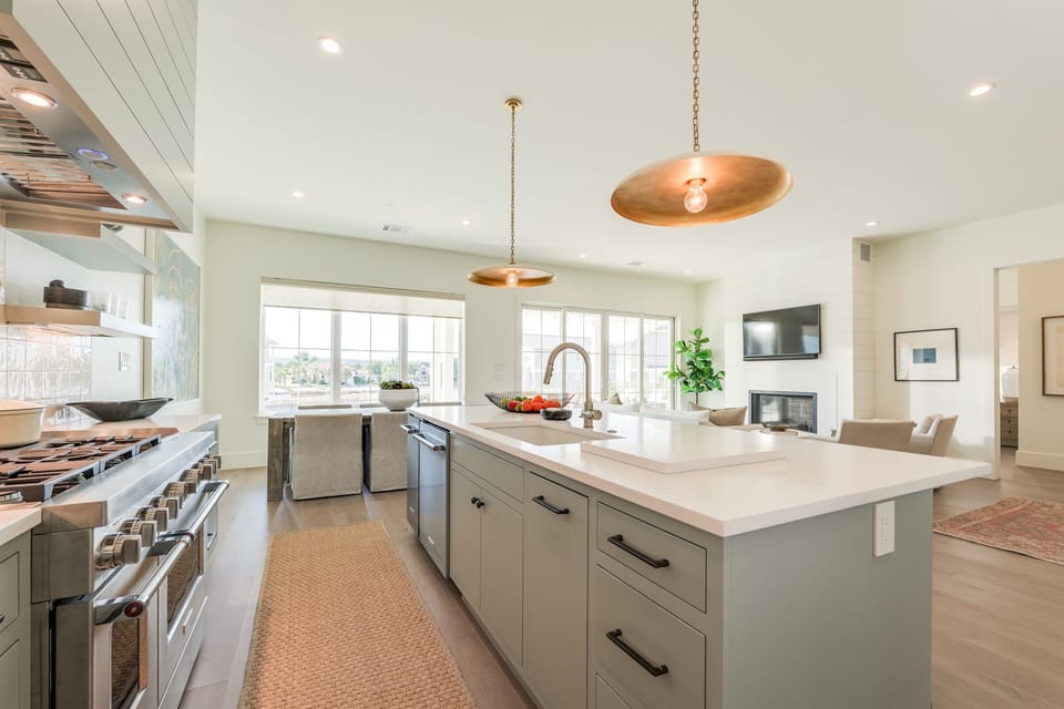 Kitchen overlooking the living and dining room