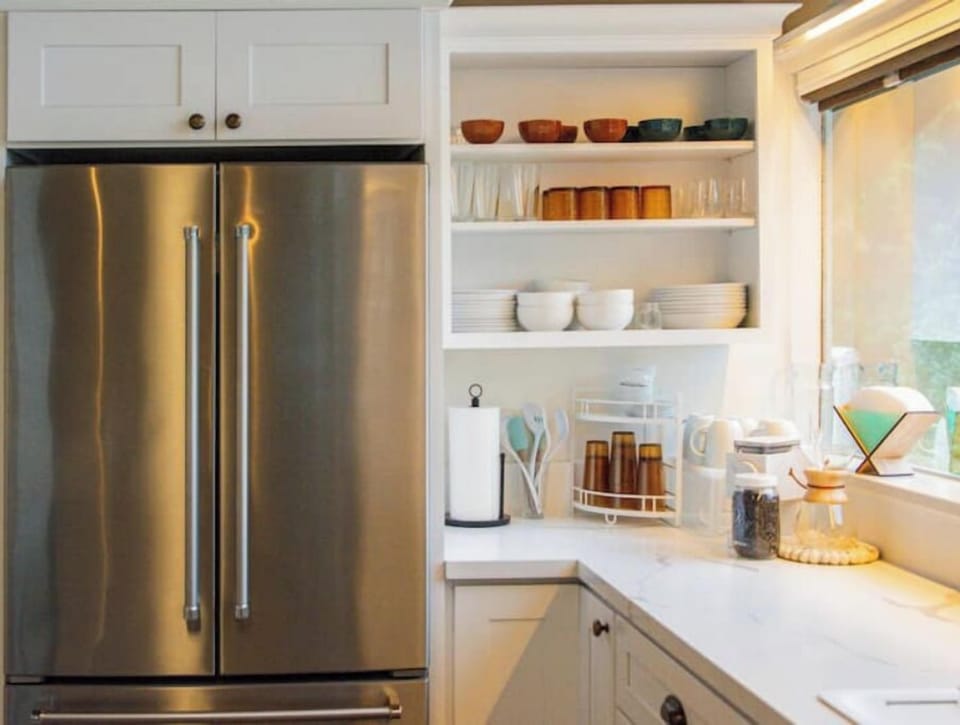 Fridge and kitchenware.